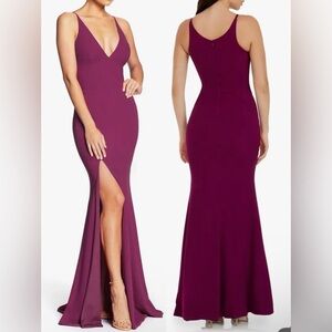 NWOT Dress the Population Dark Magenta Iris Dress slit gown sz L